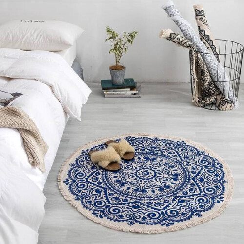 Tapete redondo azul e branco com padrão tradicional, 91 x 91 cm (36 x 36 polegadas) 2