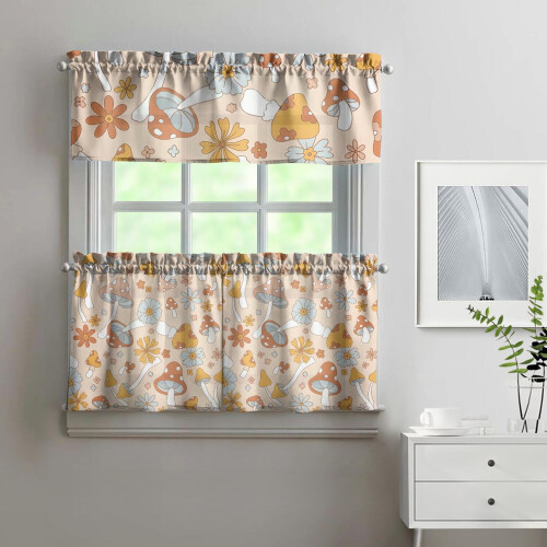 Mushroom Pattern Kitchen Curtains Set of 3 27.5x24 in 1