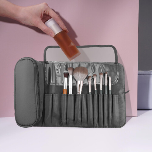 Estojo para pincéis de maquiagem cinza, multifuncional e com design simples.