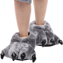 Pantufas de pata de dinossauro em pelúcia cinza unissex (1 par)