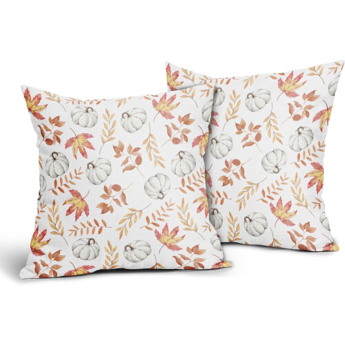 Conjunto de 2 capas de almofada em linho com estampa de abóbora e folhas de outono, 45x45 cm (18x18 polegadas). 1