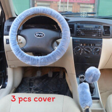 (Light Blue) Car Universal Steering Plush Cover Three Piece Set For Winter Grip With Antislip