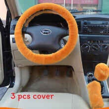 (Orange) Steering Car Universal Plush Cover Three Piece Set For Winter With Antislip Grip