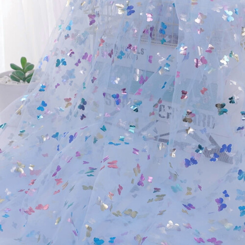 Butterfly Hot Stamping Mesh Gauze Fabric 36x59 Inch Blue