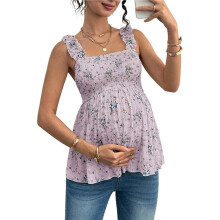 Women'S Maternity Tank Tops Floral Babydoll Top Square Neck Smocked Peplum Blouse Shirts S