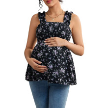 Women'S Maternity Tank Tops Floral Babydoll Top Square Neck Smocked Peplum Blouse Shirts Black L