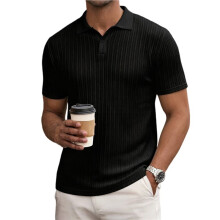 Heren Casual Henley Shirt Zomer Korte Mouw Vakantie Knop Strand Gebreide Rekbare Shirts Zwart XXXL