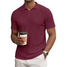 Heren Casual Henley Shirt Zomer Korte Mouw Vakantie Knop Strand Gebreide Rekbare Shirts Donkerrood S
