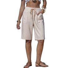 Kvinnors Randiga Shorts Avslappnade Dragsko Elastisk Midja Sommarsemester Strandshorts med Fickor Beige S