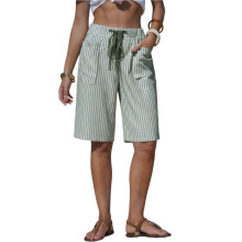 Kvinnors Randiga Shorts Avslappnade Dragsko Elastisk Midja Sommarsemester Strandshorts med Fickor Grön XL