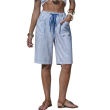 Kvinnors Randiga Shorts Avslappnade Dragsko Elastisk Midja Sommarsemester Strandshorts med Fickor Blå M