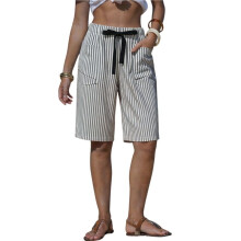 Kvinnors Randiga Shorts Avslappnade Dragsko Elastisk Midja Sommarsemester Strandshorts med Fickor Svart M