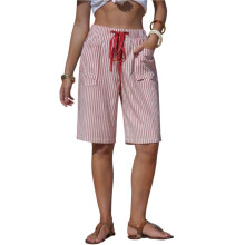 Kvinnors Randiga Shorts Avslappnade Dragsko Elastisk Midja Sommarsemester Strandshorts med Fickor Röd XXL