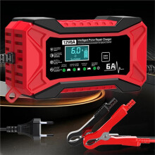 12V 6A Car Pulse Repair Battery Charger LCD Display Fast Charge GEL Lead-Acid Charger for Car Motorcycle-EU Plug
