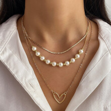 Women's 3-Layer Imitation Pearl Necklace White Gold 38cm
