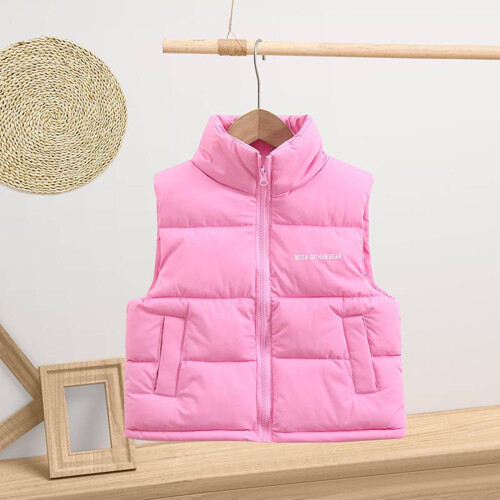 Kids Pink Sleeveless Puffer Vest Collared Zip-Up 1