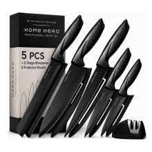 Home Hero 5-Piece Kitchen Knife Set with Protective Sheaths & 2-Stage Sharpener, Black Stainless Steel Chef, Bread, Carving, Utility & Paring Knives