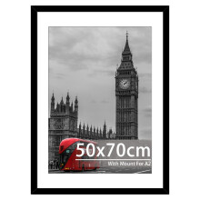 Tinkeps 50x70cm Black Frame - Engineered Wood and Plexiglass, Picture Frames 50cm x 70cm with A2 Mount for Prints, Photos, and Posters, Wall Mountable