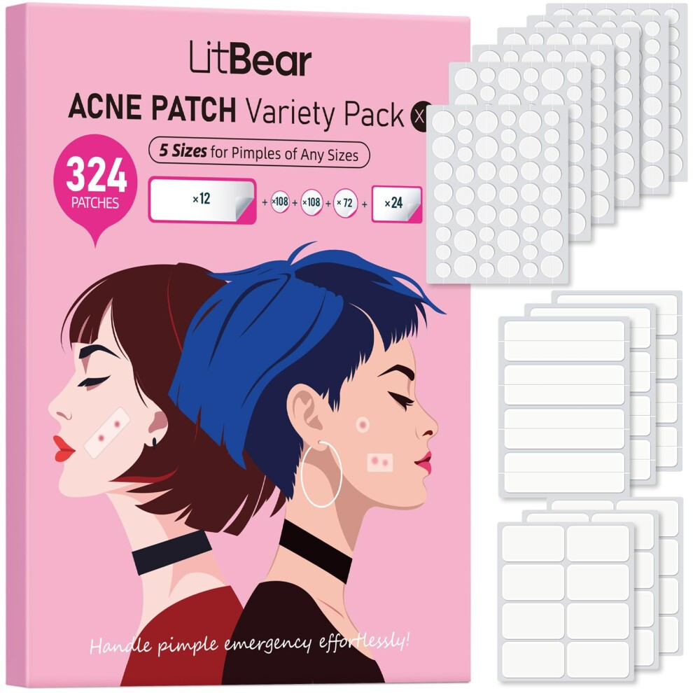 Photos - Cream / Lotion LitBear Large Pimple Patches , Acne Patches for Face, Chin, Back or Body, Hydrocolloid Patches Suitable(5 Sizes 324 Patches)