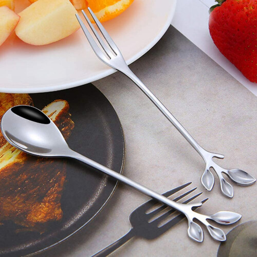 10Spoon+10Forks Stainless Steel Leaf Coffee Cake Spoon Fork Dessert Spoons, Stirring Teaspoon Set Silver 2