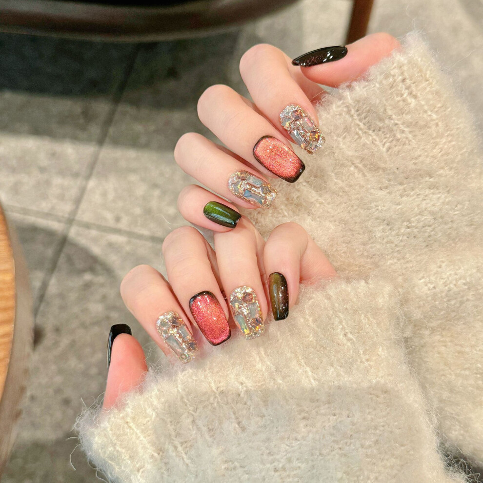 Bright-Home (Ultra Short Ladder) Gradients Cat Eyes Square Stick On Nails With Zero Pressure On The Nail Bed Design For Girlfriend Wife Women And Girl
