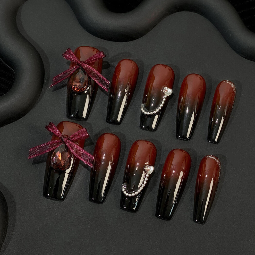 Creation-3C (M) Rhinestone Gradient Fake Nails - Black Red Manicure Set