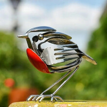 Handcrafted Metal Bird Sculpture from Recycled Cutlery, Orange-Red Belly, Decorative Art for Garden Patio Office Desk