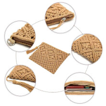 3X Women's Hand-Woven Cotton Bag Straw Woven Bag Coin Purse Mobile Phone Bag Clutch Bag Tassel Bag Khaki