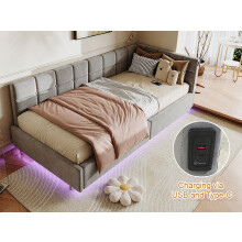 (3ft Single, Grey Velvet) L-Shaped Corner Ottoman Bed, LED, USB-C Charging & Tufted Upholstered Headboard