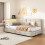 (3ft Single, Beige Linen) L-Shaped Corner Single Bed Frame, LED Headboard, USB-C Charging & 2 Drawers 8