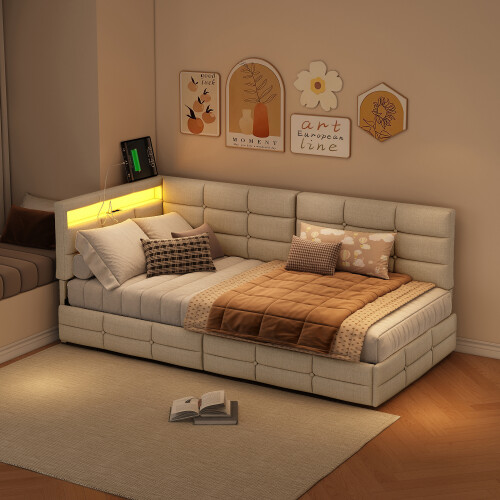 (3ft Single, Beige Linen) L-Shaped Corner Single Bed Frame, LED Headboard, USB-C Charging & 2 Drawers 1
