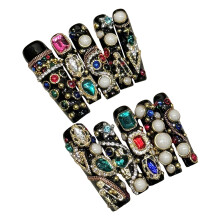 (XS) Pearl Rhinestone Handmade Long Ladder Nails for Stage