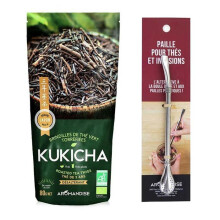 Sachet de thé bio japonais Kukicha 80 g + paille inox avec filtre