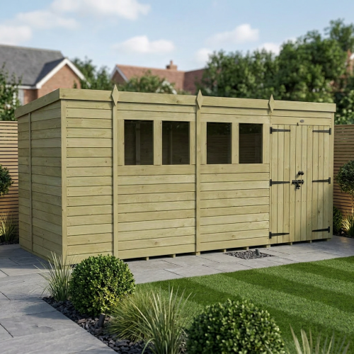 14 x 6 Pent Shed Tanalised (Double Door, With Windows)