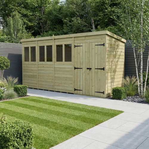 15 x 6 Pent Shed Tanalised (Double Door, With Windows)