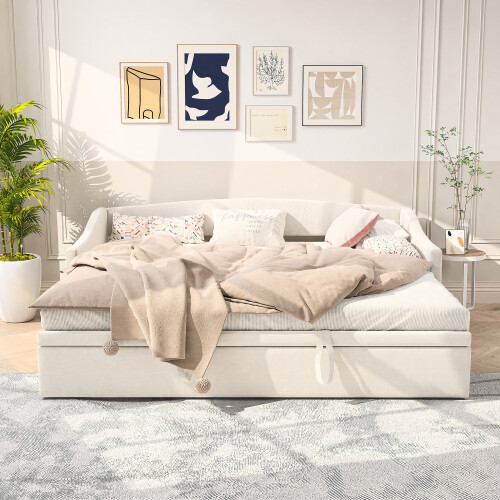 (3ft Single, Cream Velvet) Convertible Day Bed Frame, Pull-Out Trundle Guest Bed 1