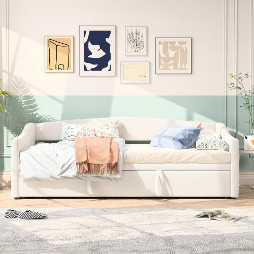 (3ft Single, Cream Velvet) Convertible Day Bed Frame, Pull-Out Trundle Guest Bed 2