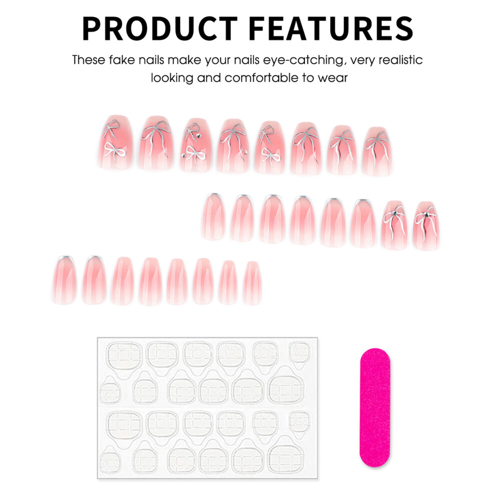 Roc-Electron Silver Bow Ballet Press-On Nails, 24Pcs, No Glue