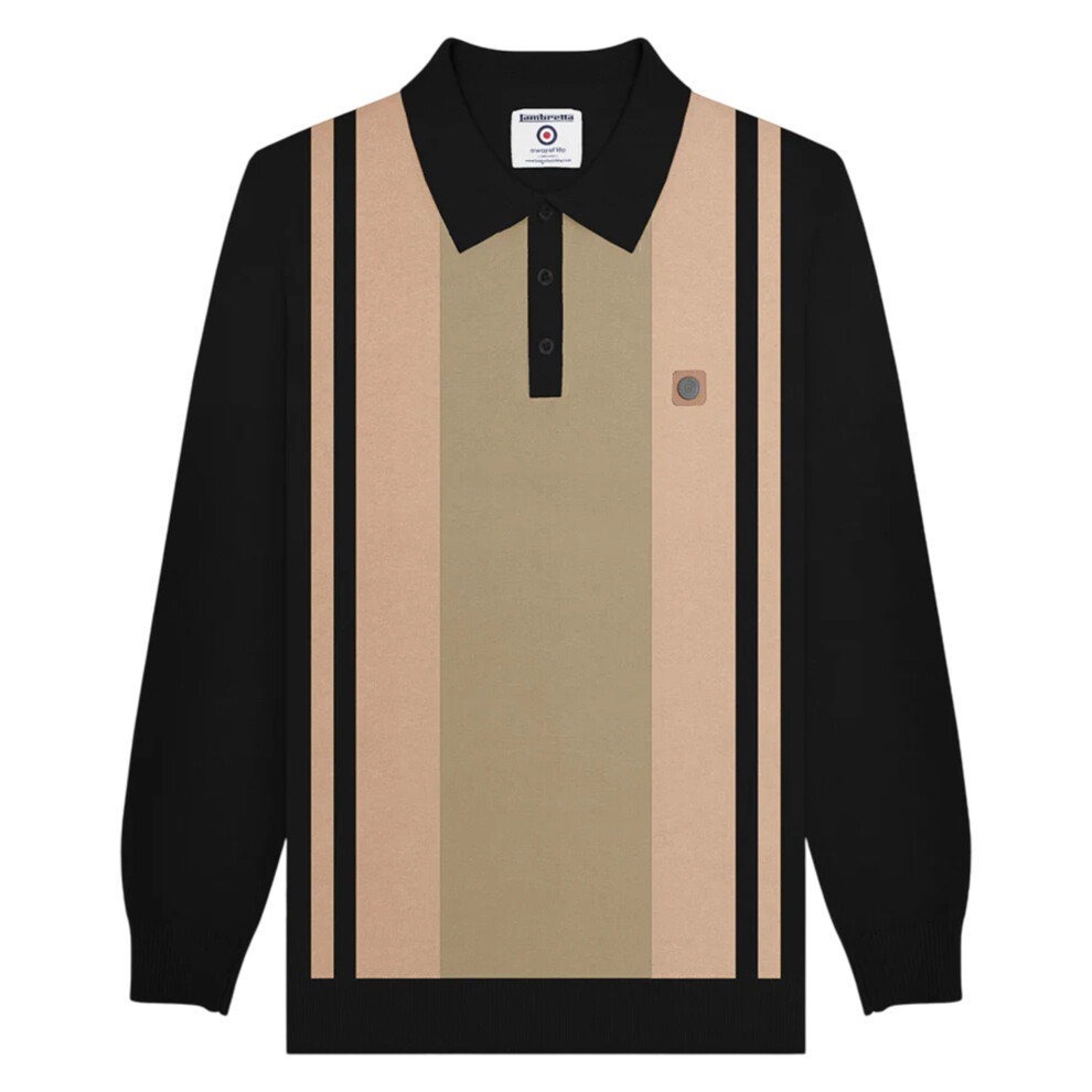 Lambretta (M, Black/Stone) Mens Aw25 Vintage Panelled Long-Sleeved Polo Shirt