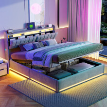 (4ft6 Double, Grey Velvet) Ottoman Bed, LED Headboard, USB-C Charging & Hydraulic Underbed Storage