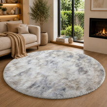 (LIGHT GREY- TYE DYE, 120X120 CM ROUND) Extra Large Rugs Fluffy Shaggy Living Room Rug