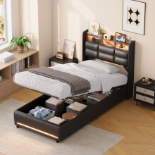 (3ft Single, Black PU) Ottoman Bed Frame, LED Headboard with Wood Shelf, USB Charging