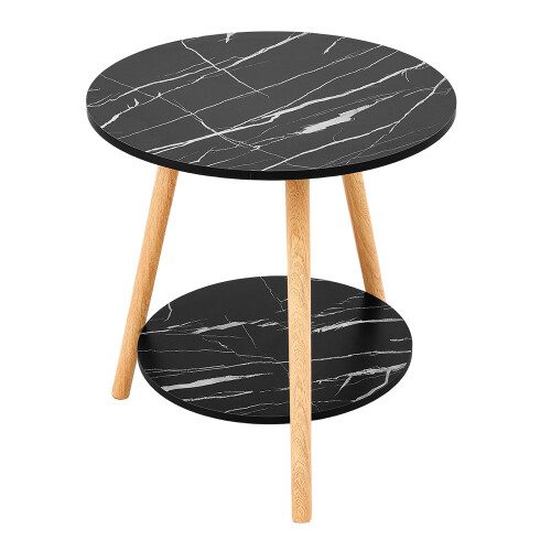 50cm Black Marble Effect Round Side Table Double Tier E1 MDF End Table 1