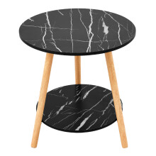 50cm Black Marble Effect Round Side Table Double Tier E1 MDF End Table