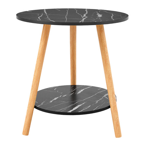 50cm Black Marble Effect Round Side Table Double Tier E1 MDF End Table 2