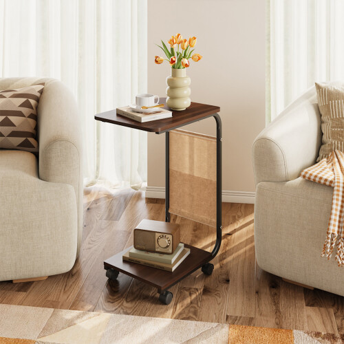C Shaped Rolling Side Table E1 MDF Top Metal Frame with Wheels & Storage bag, Dark Walnut