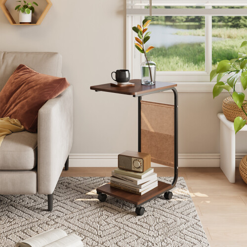 C Shaped Rolling Side Table E1 MDF Top Metal Frame with Wheels & Storage bag, Dark Walnut 1