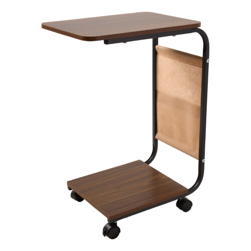 C Shaped Rolling Side Table E1 MDF Top Metal Frame with Wheels & Storage bag, Dark Walnut 2