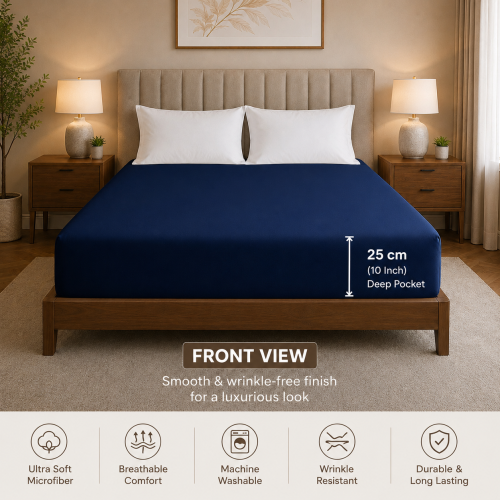 (Navy Blue) Fitted Bed Sheets 25CM Deep Double Size Bed Sheets