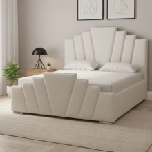 (4ft6" Double(No Gaslift), Cream(with Mattress)) Double Sunrise Crown Bed Frame Plush Velvet Upholstered Ottoman Gas Lift Storage